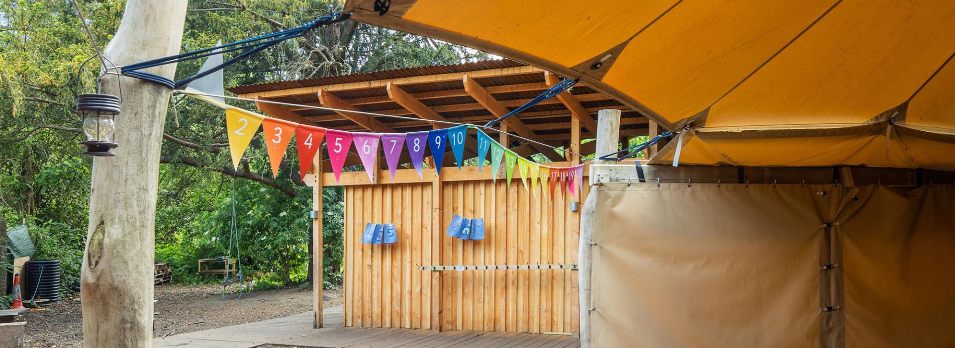 Outdoor classrooms with colourful bunting