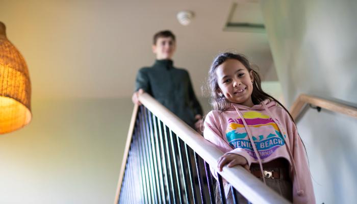 Secondary school students on stairs